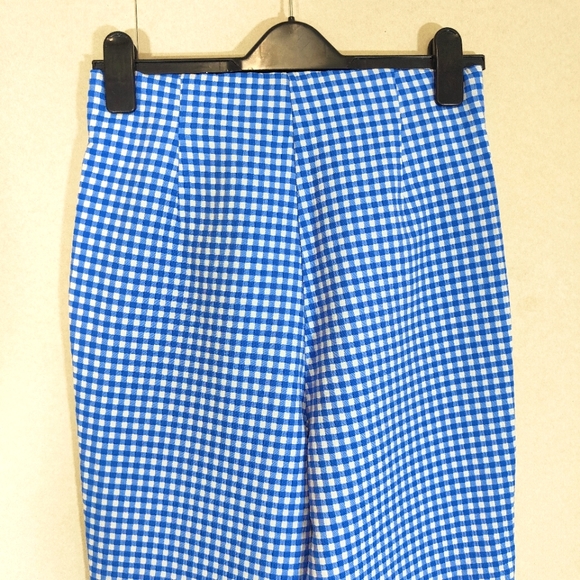 Zara Blue & White High Waisted Cropped Gingham Check Trousers Size Medium UK 10 - Picture 5 of 8